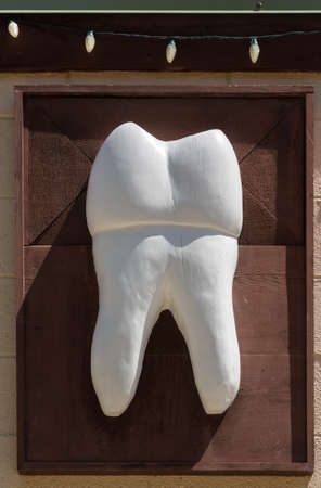 Large carved white painted wooden molar tooth on wall outside dentist surgeryの写真素材