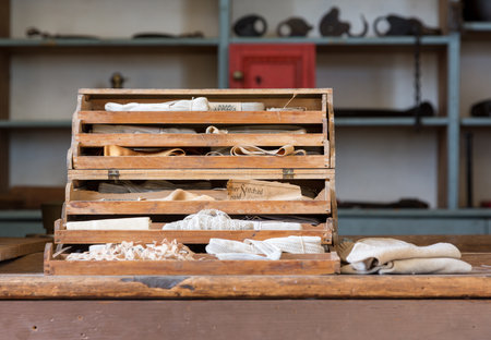 Interior of Meeks Store in the national park at Appomattox Virginia showing sewing lace and haberdashery available in the 1860sのeditorial素材