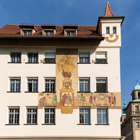 Wall painting or mural of explorers on side of Chamber of Commerce in Nuremberg, Germanyのeditorial素材