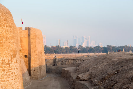 Dusk at the recontructed Bahrain Fort near Manama at Seef, Bahrainのeditorial素材