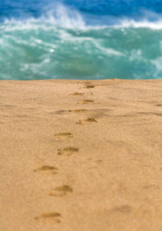 Smooth and sandy beach with footsteps leading one way towards the crashing waves in the distanceの写真素材