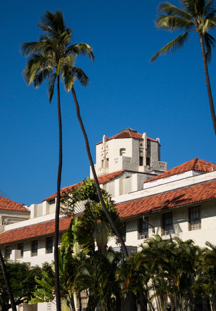 Spanish style architecture of Honolulu Hale or town hall in center of city of Honolulu, Oahu, Hawaiiのeditorial素材
