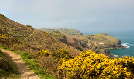 South West Coast Path along cliffs and headlands jutting into the sea near Tintagel, Cornwall,...