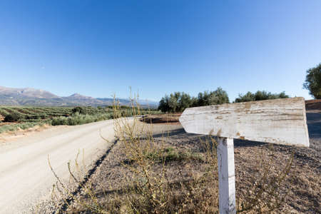 Blank road sign by side of dry dusty road with olive trees and mountains in the distanceの写真素材
