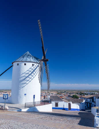 Preserved historic windmills on plain above Campo de Criptana in Castilla-La Mancha, Spainの写真素材