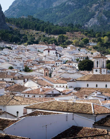 White painted homes and tiled roof of famous hill town of Grazalema in Andalucia in Southern Spainの写真素材