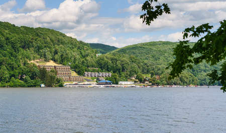 Boats moored at marina on Cheat Lake near Morgantown, West Virginia
