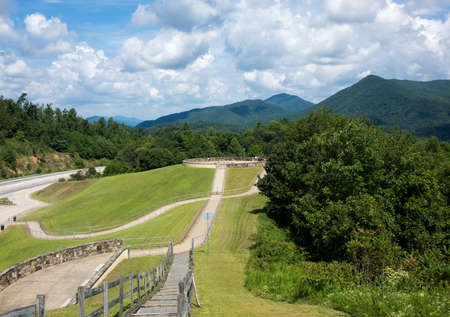 Roadside overlook in the mountains of Tennessee alongside interstate I26 with views of the tree covered mountainsの写真素材