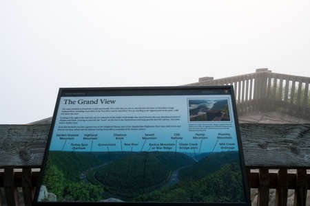 Foggy day hides everything except the sign at Grand View in New River Gorge National park in West Virginiaの写真素材