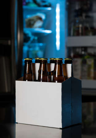 Six pack of brown beer bottles in plain white cardboard carrier with copy space on stainless steel kitchen or bar counter. Open fridge or refrigerator out of focus in rear.の写真素材