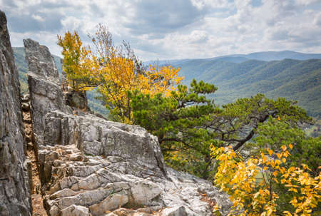 Summit of the rocky granite mountain top of Seneca Rocks in West Virginia