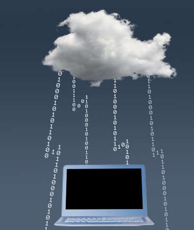 Concept image for cloud computing and online applications with a dark cloud and lightning showing...