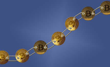 Set of gold bitcoins linked by chain on blue background to illustrate concept of blockchain for...