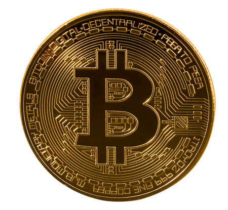 Single macro bitcoin or bit coin isolated against white background to illustrate blockchain and...