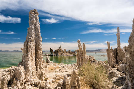 Calcium Carbonate towers called Tufa in the heavily salty or saline waters of Mono Lake in Californiaの写真素材