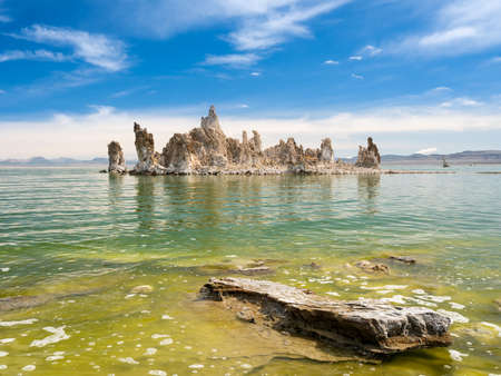 Calcium Carbonate towers called Tufa in the heavily salty or saline waters of Mono Lake in Californiaの写真素材