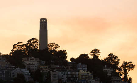 Skyline of the Coit Tower and residential area of San Francisco in California. Sihouette of the...