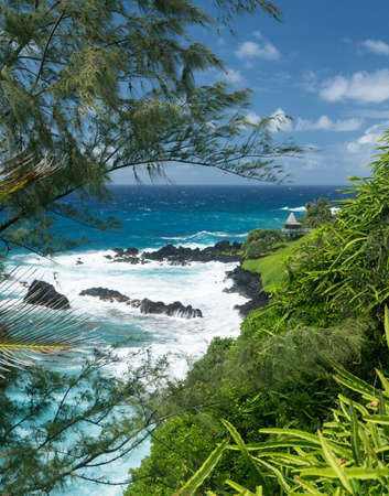 Gazebo viewpoint overlooks coast by St Peters Church near Hana on Hawaiian island of Mauiの写真素材