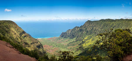High definition panorama over Kalalau Valley at Kalalau overlook, Kauai, Hawaiiの写真素材