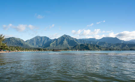 Afternoon from boat trip at Hanalei Bay and pier with the Na Pali coast in the background near Hanalei, Kauai, Hawaiiの写真素材