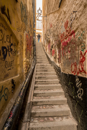STOCKHOLM, SWEDEN - SEPTEMBER 9: Narrow steps of Marten Trotzigs Grand in Gamla Stan on September 9, 2017 in Stockholm, Sweden. The steps are just 90cm wide.のeditorial素材