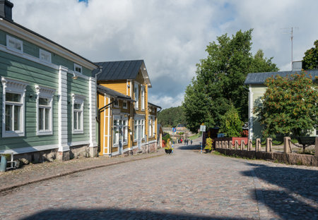 PORVOO, FINLAND - SEPTEMBER 11: Tourists walk through streets on September 11, 2017 in Porvoo, Finland. Porvoo is one of the six medieval towns in Finlandのeditorial素材