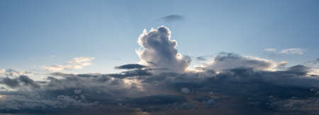 High resolution panoramic cloudscape of stormy clouds at sunset or dusk