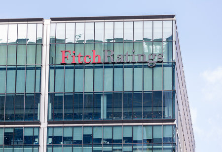 LONDON, UK - JANUARY 30, 2016: Logo or sign for Fitch Ratings Agency on side of office building in...