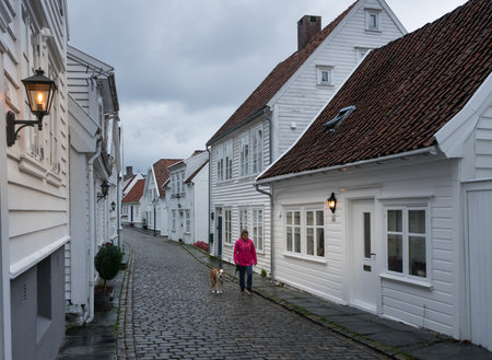 STAVANGER, NORWAY - SEPTEMBER 20, 2017: Woman walking her dog in old town Stavanger in Norwayのeditorial素材