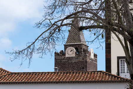 Clock tower of Cathedral in Funchal on island of Madieraの写真素材