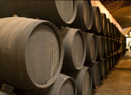 Row of stacked oak casks or barrels along wall of winery for aging sherry or port