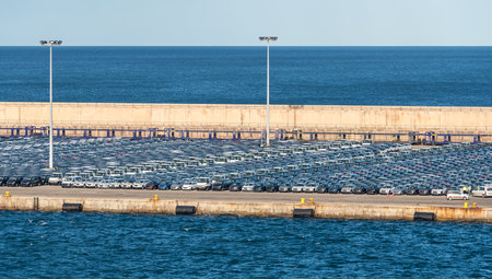 VALENCIA, SPAIN - MARCH 16, 2018: Many cars ready for export in Valencia Port in Spainのeditorial素材