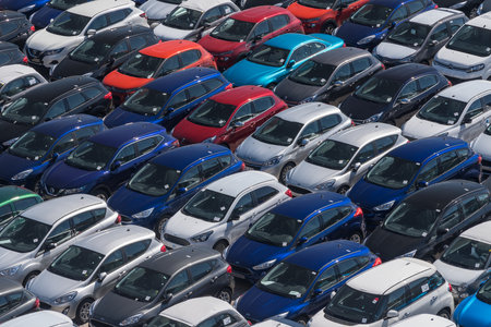 VALENCIA, SPAIN - MARCH 16, 2018: Many cars ready for export in Valencia Port in Spainのeditorial素材