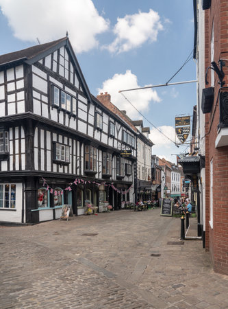 SHREWSBURY, SHROPSHIRE, UK - MAY 19, 2018: Butcher Row pedestrian street in Shrewsbury  Shropshire