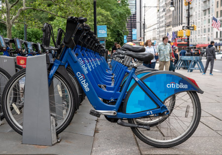 NEW YORK, NY - 4 JUNE 2018: Row of bicycles for rental in CitiBike scheme in New York City in the USAのeditorial素材