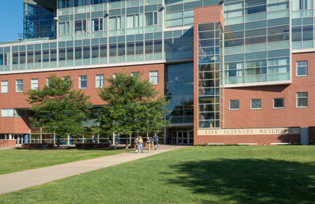 MORGANTOWN, WV - 24 AUGUST 2018: Students going to calls in Life Sciences Building at West Virginia...