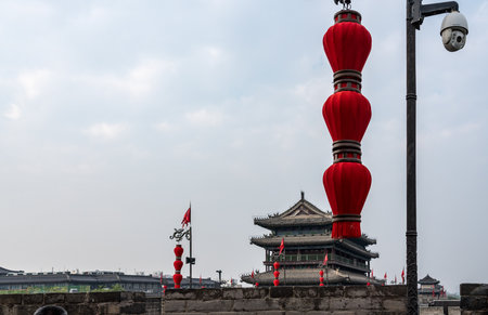XIAN, CHINA - 17 OCTOBER 2018: Video surveillance on the city wall in Xian on smoggy dayのeditorial素材
