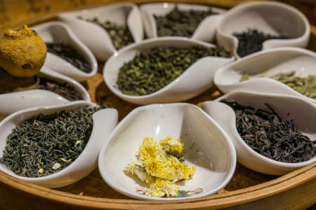 Different white, black, green and oolong teas in traditional tea ceremony in China