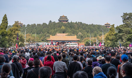 BEIJING, CHINA - 19 OCTOBER 2018: Crowds of tourists exit through Gate of Heavenly Purity in Forbidden Cityのeditorial素材