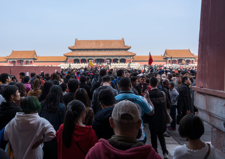 BEIJING, CHINA - 19 OCTOBER 2018: Crowds of tourists enter through Meridian Gate in Forbidden Cityのeditorial素材