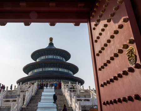 BEIJING, CHINA - 19 OCTOBER 2018: Tourists on steps by Temple of Heaven in Beijing Chinaのeditorial素材