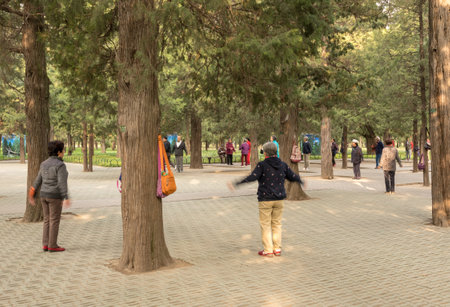 BEIJING, CHINA - 19 OCTOBER 2018: Local people exercising by Temple of Heaven in Beijing Chinaのeditorial素材