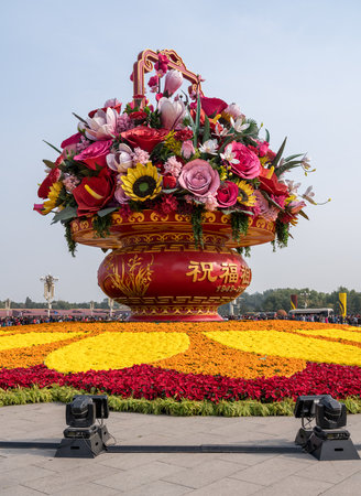 BEIJING, CHINA - 19 OCTOBER 2018: Large floral display in Tiananmen Square for National Holidayのeditorial素材