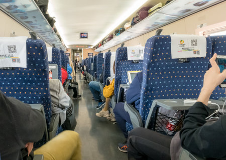 XIAN, CHINA - 18 OCTOBER 2018: Interior of carriage on Chinese high speed train or CRH in Shaanxi provinceのeditorial素材