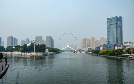 TIANJIN, CHINA - 21 OCTOBER 2018: Tientsin Eye Ferris wheel in Tianjinのeditorial素材