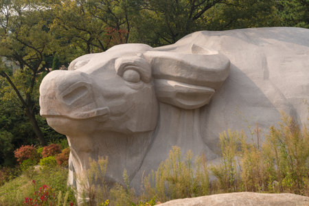 QINGDAO, CHINA - 24 OCTOBER 2018: Carved animal in rocks at Tai Qing Gong at Laoshan near Qingdao Chinaのeditorial素材