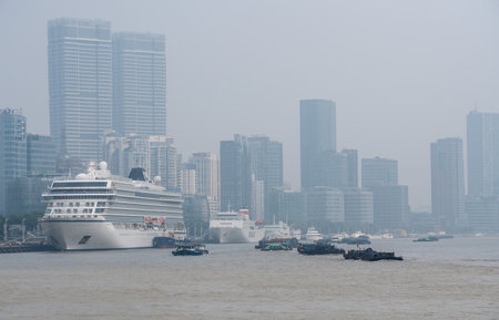 SHANGHAI, CHINA - 25 OCTOBER 2018: Viking Orion cruise ship docked near the Bund in Shanghaiのeditorial素材