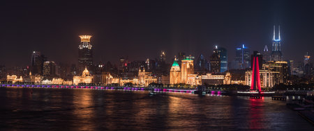 SHANGHAI, CHINA - 26 OCTOBER 2018: Panorama of the illuminated city skyline of Shanghai at nightのeditorial素材