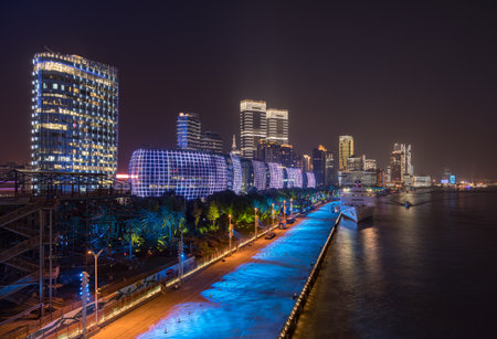 SHANGHAI, CHINA - 26 OCTOBER 2018: Cruise Ship International Terminal in Shanghai illuminated at nightのeditorial素材
