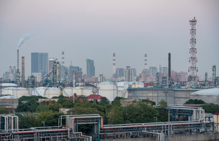 SHANGHAI, CHINA - 27 OCTOBER 2018: Oil refinery on banks of River Huangpuのeditorial素材